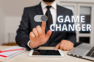 Game Changer'ı gösteren not yazma. Spor Veri Scorekeeper Gamestreams Canlı Skorlar Takım Yöneticileri vitrine İş fotoğraf.