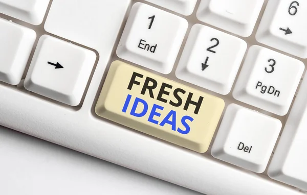 Text sign showing Fresh Ideas. Conceptual photo thought or suggestion as to possible course of action White pc keyboard with empty note paper above white background key copy space. — Stock Photo, Image