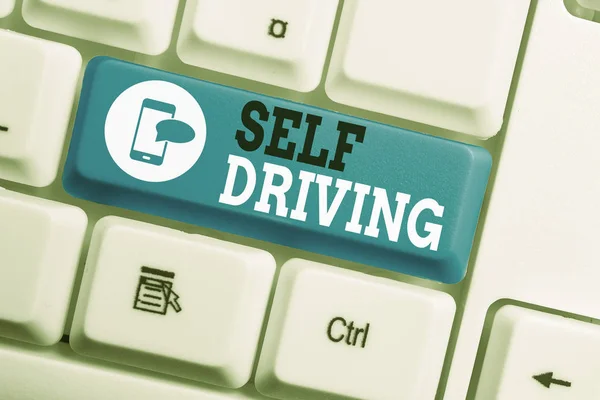 Conceptual hand writing showing Self Driving. Business photo text Autonomous vehicle Ability to navigate without huanalysis input Keyboard with note paper on white background key copy space. — Stock Photo, Image
