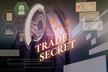Kelime yazma metin Trade Secret. Bir ürün hakkında gizli bilgi için İş konsepti Fikri mülkiyet Kadın akıllı cihaz kullanarak sunum sunan resmi iş elbisesi giymek.