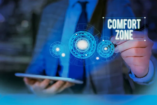 Writing note showing Comfort Zone. Business photo showcasing A situation where one feels safe or at ease have Control Woman wear formal work suit presenting presentation using smart device.