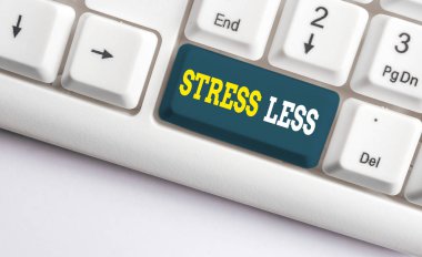 Stress Less'i gösteren kavramsal el yazısı. İş fotoğrafı vitrini Sorunlardan uzak durun Çekin Meditasyon Uself Indulge Oneself Beyaz pc klavyesi beyaz arka plan üzerinde not kağıdı ile.