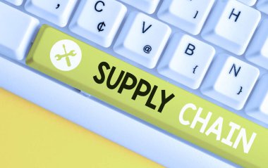 Conceptual hand writing showing Supply Chain. Business photo text System of organization and processes from supplier to consumer White pc keyboard with note paper above the white background.
