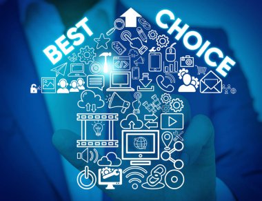 Writing note showing Best Choice. Business photo showcasing act of picking or deciding between two or more possibilities Male wear formal work suit presenting presentation smart device.