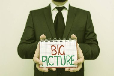 Büyük Resim'i gösteren kavramsal el yazısı. Belirli durum ve etkileri hakkında en önemli gerçekleri sergileyen iş fotoğrafı.