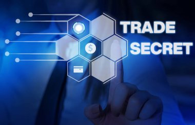 Kelime yazma metin Trade Secret. Bir ürün hakkında gizli bilgi için İş konsepti Fikri mülkiyet Kadın akıllı cihaz kullanarak sunum sunan resmi iş elbisesi giymek.