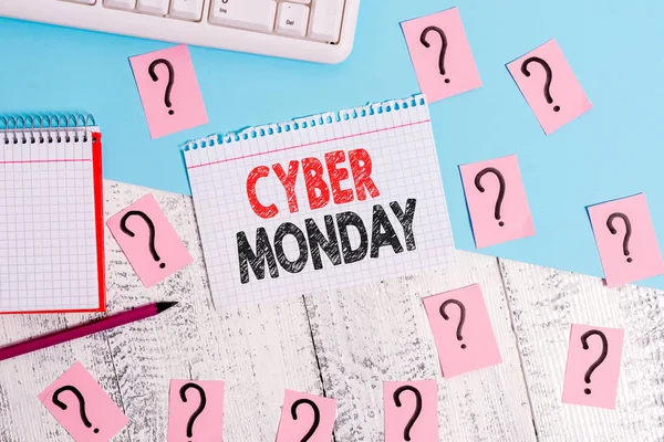 Text sign showing Cyber Monday. Conceptual photo Marketing term for Monday after thanksgiving holiday in the US Writing tools, computer stuff and math book sheet on top of wooden table.