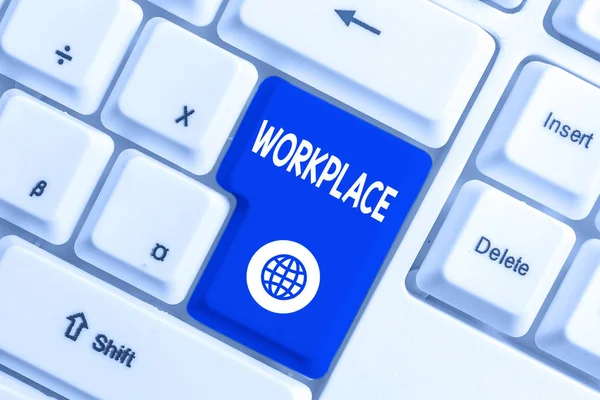 Writing note showing Workplace. Business photo showcasing Area where you can find busy showing doing their job orders White pc keyboard with note paper above the white background. — Stock Photo, Image