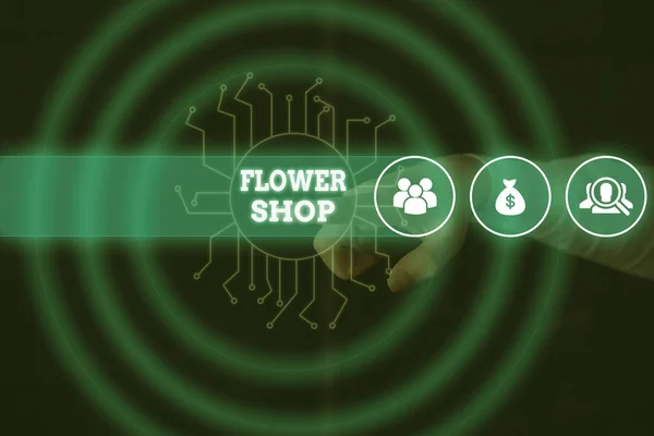 Koncepcyjny pisania ręcznego pokazano Flower Shop. Business Photo gablota gdzie cięte kwiaty są sprzedawane z dekoracjami na prezenty mężczyzna nosić formalne garnitur prezentacji inteligentne urządzenie. — Zdjęcie stockowe