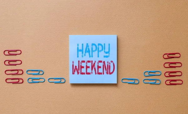 Word writing text Happy Weekend. Business concept for Cheerful rest day Time of no office work Spending holidays Colored blank sticky note clips gathered trendy cool pastel background.