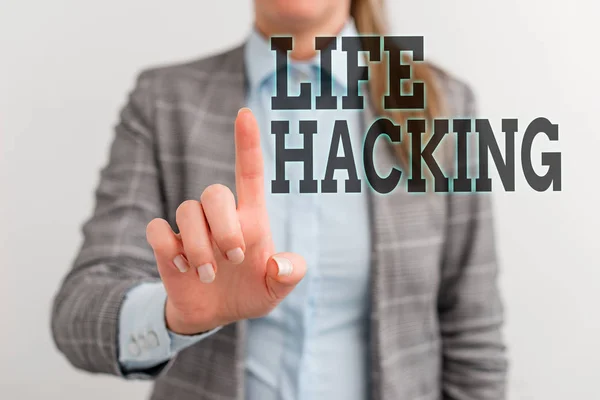 Word writing text Life Hacking. Business concept for Simple and clever techniques in accomplishing task easily Digital business concept with business woman.