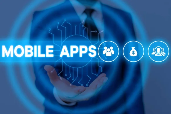 Textzeichen mit mobilen Apps. konzeptionelle Foto kleine Programme werden gemacht, um auf Telefonen wie App Store oder App Store zu arbeiten männliche Menschen tragen formale Arbeitsanzug präsentiert Präsentation mit Smart-Gerät. — Stockfoto