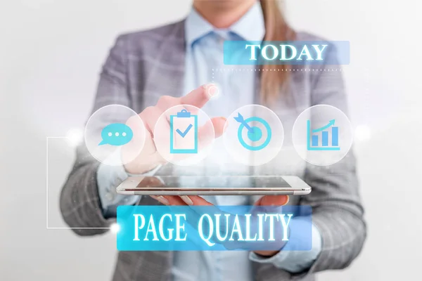 Word writing text Page Quality. Business concept for Effectiveness of a website in terms of appearance and function Female human wear formal work suit presenting presentation use smart device. — Stockfoto