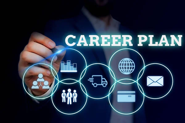 Handwriting text writing Career Plan. Concept meaning ongoing process where you Explore your interests and abilities Male human wear formal work suit presenting presentation using smart device.