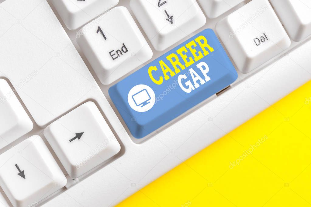 Text sign showing Career Gap. Conceptual photo A scene where in you stop working by your profession for a while White pc keyboard with empty note paper above white background key copy space.