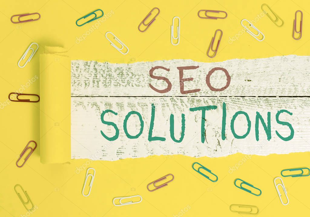 Writing note showing Seo Solutions. Business photo showcasing Search Engine Result Page Increase Visitors by Rankings.