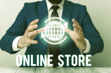 El yazısı metin Online Store. Kavram anlamı Satılık ürünler sunan ve kredi kartı kabul eden bir web sitesi.