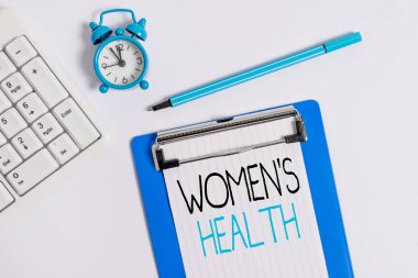 Conceptual hand writing showing Women S Health. Business photo showcasing Women s is physical health consequence avoiding illness Flat lay above table with clock pc keyboard and note paper. clipart