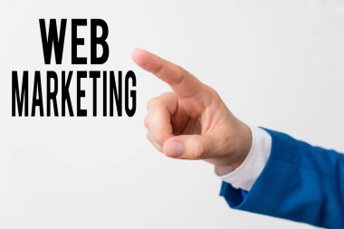 Web Pazarlama'yı gösteren not yazma. İnternet Online satıcı izole el parmak ile işaret yoluyla Elektronik ticaret Reklam vitrine. İş kavramı işaret parmağı.