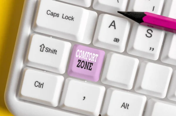 Writing note showing Comfort Zone. Business photo showcasing A situation where one feels safe or at ease have Control White pc keyboard with note paper above the white background.