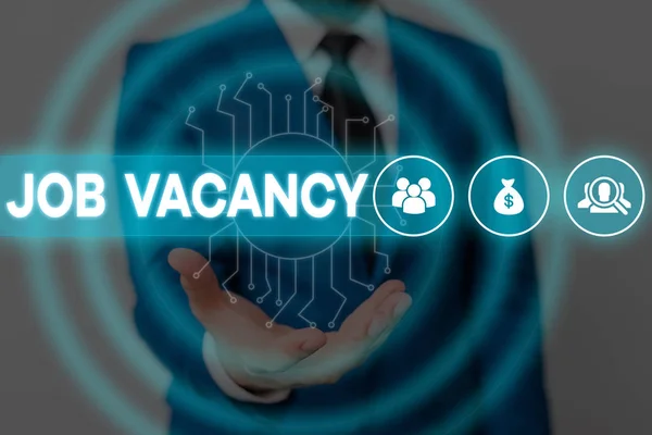 Text sign showing Job Vacancy. Conceptual photo empty or available paid place in small or big company Male human wear formal work suit presenting presentation using smart device. — Stock Photo, Image