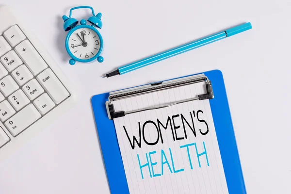 Conceptual hand writing showing Women S Health. Business photo showcasing Women s is physical health consequence avoiding illness Flat lay above table with clock pc keyboard and note paper. — Stock Photo, Image