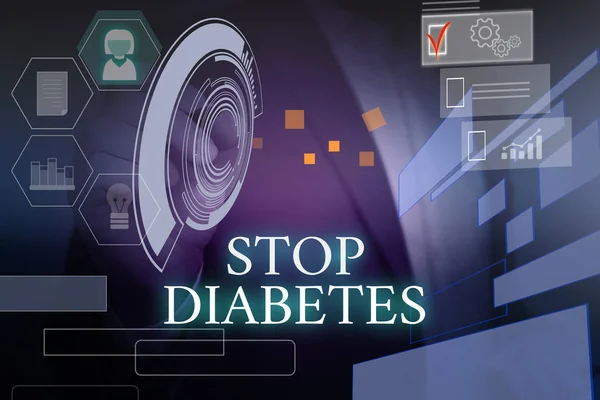 Un biglietto che mostra Stop al diabete. Business photo showcase Livello di zucchero nel sangue è superiore al normale Iniettare Insulina Maschio indossare abito formale che presenta presentazione dispositivo intelligente . — Foto Stock