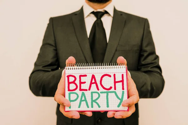 Conceptual hand writing showing Beach Party. Business photo showcasing small or big festival held on sea shores usually wearing bikini.