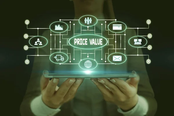 Text sign showing Price Value. Conceptual photo strategy which sets cost primarily but not exclusively Woman wear formal work suit presenting presentation using smart device.