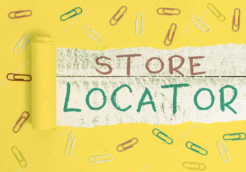 Writing note showing Store Locator. Business photo showcasing to know the address contact number and operating hours.