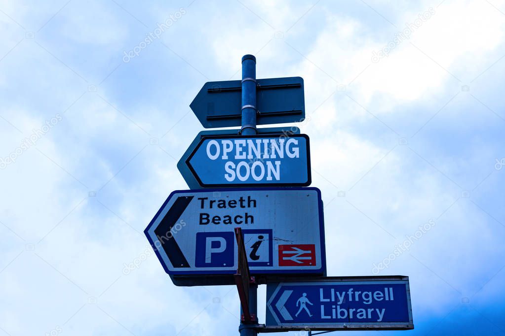 Text sign showing Opening Soon. Conceptual photo Going to be available or accessible in public anytime shortly Empty street signs on the crossroads with blank copy space.