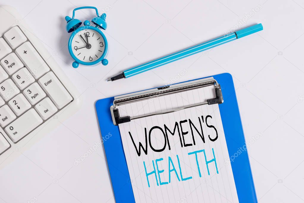 Conceptual hand writing showing Women S Health. Business photo showcasing Women s is physical health consequence avoiding illness Flat lay above table with clock pc keyboard and note paper.