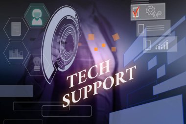 Kelime yazma metin Teknik Destek. Teknik sorunlar yaşayan bireylere yardımcı olmak için iş konsepti Kadın akıllı cihaz kullanarak sunum sunan resmi iş elbisesi giymek.