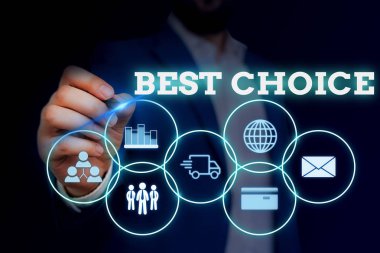 El yazısı metin Best Choice yazma. İki veya daha fazla olasılık arasında seçme veya karar verme kavramı anlamı Erkek giyim resmi iş elbisesi akıllı cihaz kullanarak sunum sunan.