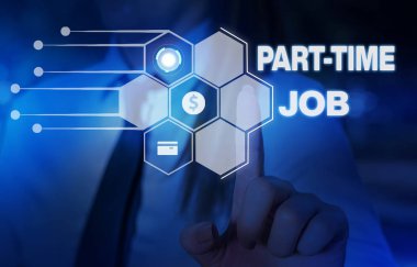 Kelime yazma metni Part Time Job. Weekender Freelance Casual Ojt Neophyte Stint Seasonal Woman için iş konsepti akıllı cihaz kullanarak sunum sunan resmi iş elbisesi giymek.