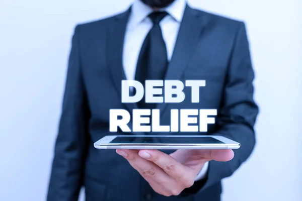 Writing note showing Debt Relief. Business photo showcasing partial or total remission of it especially those by countries. — Stock Photo, Image