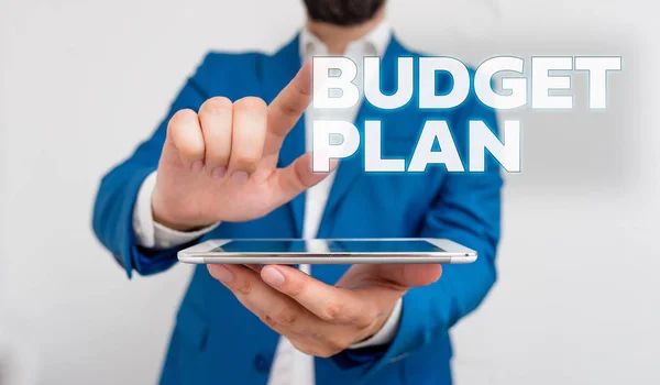 Word writing text Budget Plan. Business concept for financial schedule for a defined period of time usually year Businessman with pointing finger in front of him. — Stock Photo, Image