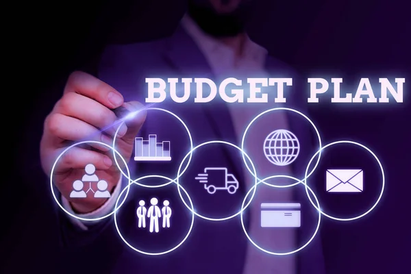 Handwriting text writing Budget Plan. Concept meaning financial schedule for a defined period of time usually year Male human wear formal work suit presenting presentation using smart device. — Stock Photo, Image