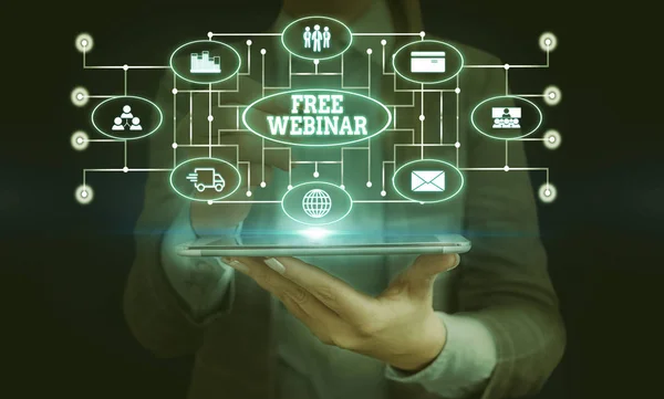 Fogalmi kézzel írásban mutatja szabad Webinar. Üzleti fotó bemutató előadás workshop szeminárium, hogy továbbítják az interneten nő hord öltöny bemutató bemutató intelligens eszköz. — Stock Fotó