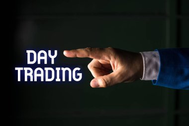 El yazısı metin yazma Gün Ticaret. Kavram menkul kıymetler özellikle alım ve satım finansal araçlar Izole el parmak ile işaret anlamına gelir. İş kavramı işaret parmağı.