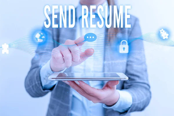 Handwriting text Send Resume. Concept meaning brief account demonstratings education qualifications and occupations Female human wear formal work suit presenting presentation use smart device.