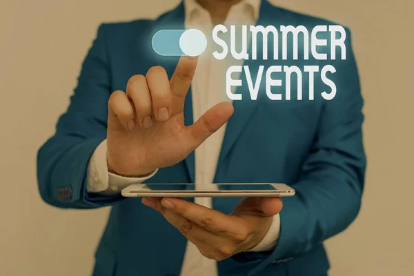 Word writing text Summer Events. Business concept for Celebration Events that takes place during summertime Male human wear formal work suit presenting presentation using smart device. — Stock Photo, Image