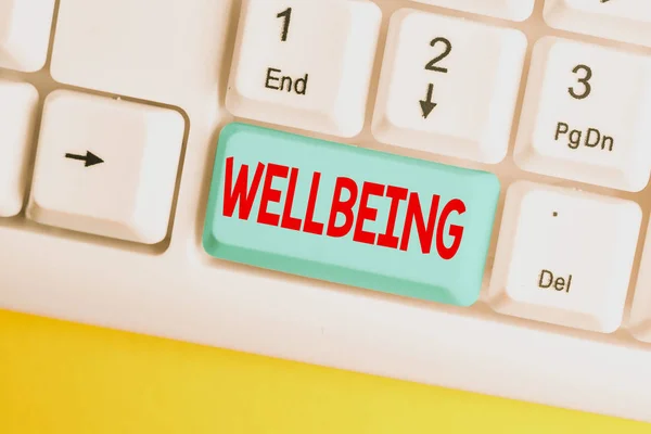 Tekst, der skriver Wellbeing. Business koncept for en god eller tilfredsstillende eksistensbetingelse, herunder sundhed Hvid pc tastatur med tomme notat papir over hvid baggrund nøgle kopi plads . - Stock-foto