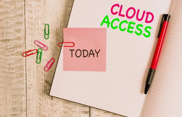 Handwriting text Cloud Access. Concept meaning Software tool between the organization and the provider Thick pages notebook stationary placed above classic look wooden backdrop.