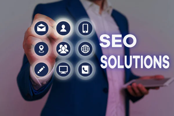 Ecriture conceptuelle montrant Seo Solutions. Texte de la photo d'affaires Page de résultat du moteur de recherche Augmenter les visiteurs par classement . — Photo