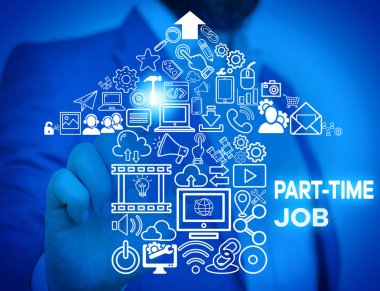 Kelime yazma metni Part Time Job. Weekender Freelance Casual Ojt Neophyte Stint Mevsimlik Erkek insan giyim resmi iş elbisesi için iş konsepti akıllı cihaz kullanarak sunum sunan.
