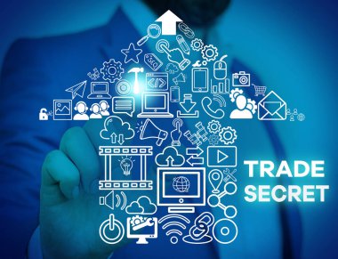 Kelime yazma metin Trade Secret. Bir ürün hakkında gizli bilgi için Iş konsepti Fikri mülkiyet Erkek insan giyim resmi iş elbisesi sunum sunum akıllı cihaz kullanarak.