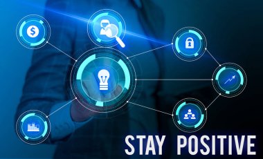 Pozitif Kal'ı gösteren kavramsal el yazısı. İş fotoğraf showcasing Engage uplifting Düşünceler Be Optimistic ve Real Woman sunum akıllı cihaz sunan iş elbisesi giymek.