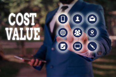 Handwriting text Cost Value. Concept meaning The amount that usualy paid for a item you buy or hiring a demonstrating.