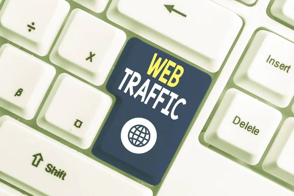 Writing note showing Web Traffic. Business photo showcasing Amount of data sent and received by visitors to a website White pc keyboard with note paper above the white background.